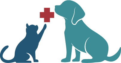 BAH-logo-icon1 A silhouette illustration of a cat reaching up towards a red medical cross, with a dog sitting beside the cat, both on a white background. The dark blue cat and teal dog depict an inviting scene for any veterinarian clinic.
