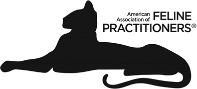 Silhouette of a reclining cat to the left, with text "American Association of Feline Practitioners®" on the right, representing a community of dedicated veterinarians.