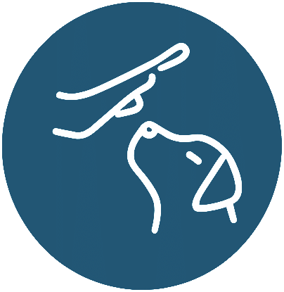 A simple white line drawing of a hand holding a treat above the nose of a dog, set against a blue circular background. The dog appears to be looking up at the treat.