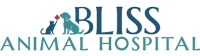 Logo for Bliss Animal Hospital featuring a stylized image of a large blue dog and a small blue cat with a red heart above them, shown next to the name "BLISS ANIMAL HOSPITAL" in blue and teal lettering.
