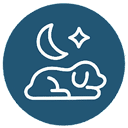 A white outline of a dog lying down beneath a crescent moon and star on a blue circular background.