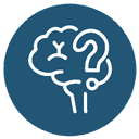 White line drawing of a brain combined with a question mark, centered on a blue circular background. The brain appears confused or puzzled.
