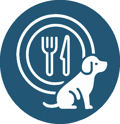 White icon of a dog sitting in front of a plate with a fork and knife on it, set against a blue circular background.