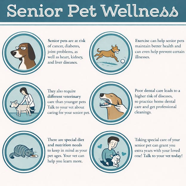 Infographic titled “Senior Pet Wellness” featuring six circular illustrations with text about senior pet health risks, exercise benefits, specialized veterinary care, dental care importance, senior nutrition needs, and proactive care to extend quality of life in aging dogs and cats.