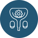 An icon depicting a stylized funnel with a gear in the middle, symbolizing a conversion or optimization process, with two small pill-like shapes on either side. The icon is drawn in white on a blue background, reminiscent of how a veterinarian might streamline their workflow for efficiency.
