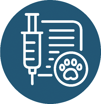 White syringe, document, and paw print icons on a blue circular background, symbolizing veterinary or pet vaccination records.