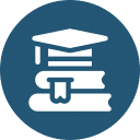 A blue circular icon with two stacked books and a mortarboard (graduation cap) on top, symbolizing veterinary knowledge. The bottom book has a ribbon bookmark.