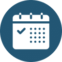 An icon depicting a calendar in a blue circle. The calendar features a checkmark in the upper left corner, suggesting an important date or vet appointment.