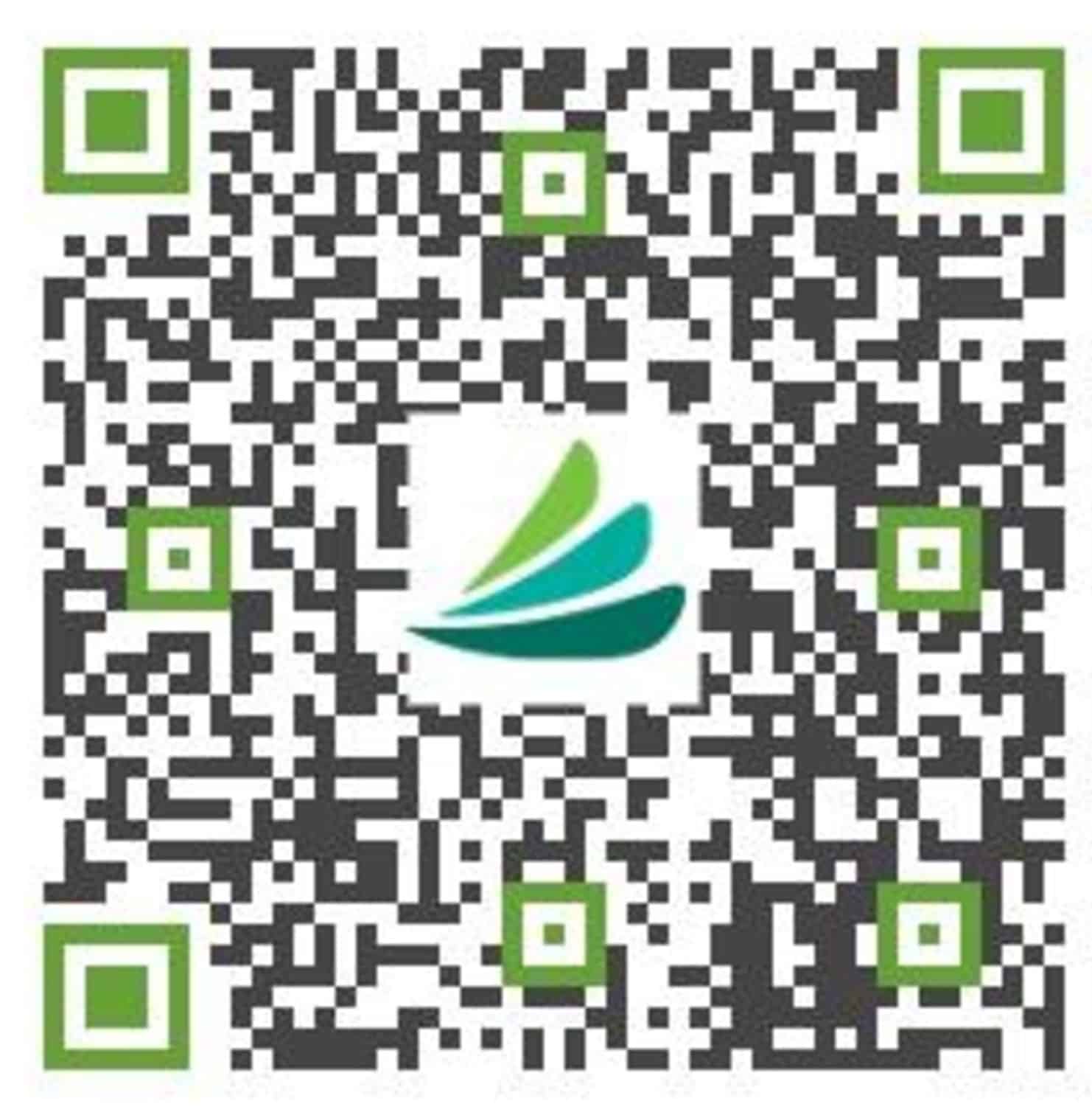 A QR code with green and black patterns. In the center, there is a logo featuring three layered shapes in shades of green and blue, resembling leaves or feathers. The corners and some sections within the code also include green square elements, perfect for any veterinarian's business card or clinic signage.