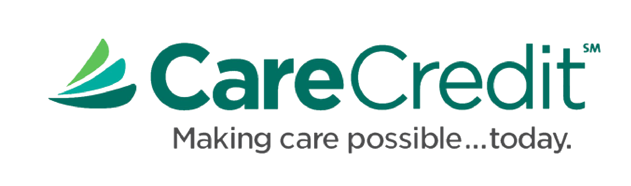 The image shows the CareCredit logo, with a green and blue abstract design resembling leaves on the left, followed by the words "CareCredit" in green. Below it is the tagline "Making care possible... today," which underscores its significance for covering veterinarian expenses.