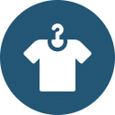 A white shirt on a hanger icon is displayed within a blue circle background. The hanger, resembling the shape of a question mark at the top, subtly hints at a vintage vet emblem.
