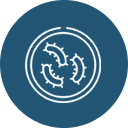 A dark blue circular icon with three white, stylized bacteria-like shapes inside. The bacteria are depicted with small protrusions around their edges. Two thin white concentric circles surround the bacteria, emphasizing the contained area—an ideal symbol for a veterinarian.