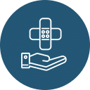 Icon of a hand with an open palm facing up, positioned below a medical cross symbol featuring a bandage design at its center. This striking image, perfect for any veterinarian practice, is set against a dark blue background with the icon in crisp white.