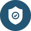 A white shield with a checkmark in the center is depicted against a blue circular background. The checkmark symbolizes security and protection, much like how a vet assures the health of your pet, indicating that something is verified or safe.