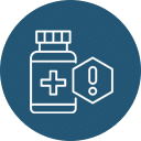 Icon depicting a medicine bottle with a cross and a pill blister pack next to a warning sign indicating possible medication caution. The background is blue, and the icon is white—ideal for veterinarian alerts.