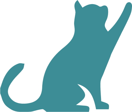 Silhouette of a sitting cat with one paw raised, resembling a logo a vet might use. The cat is depicted in a solid teal color.