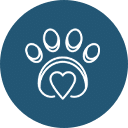 A white paw print with a heart shape in the center is depicted against a solid blue background. The design is simple and represents compassion or love for animals, often associated with the care provided by a dedicated veterinarian.