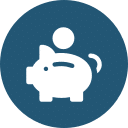 Icon depicting a person depositing a coin into a piggy bank, symbolizing financial savings. The image is white on a circular dark blue background, ideal for illustrating savings plans for veterinarian services.