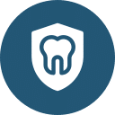 A white icon of a tooth inside a shield is centered on a blue circular background. The shield signifies protection, often related to dental care or insurance, and can also convey the meticulous care and safeguarding provided by professionals like vets.