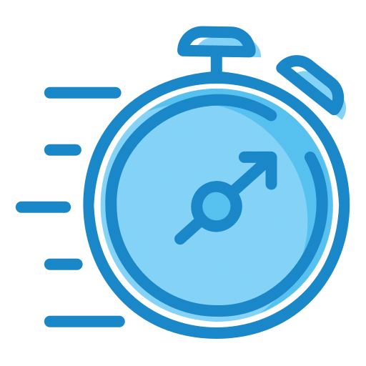 An icon of a stopwatch with motion lines to the left, indicating speed, suggesting prompt veterinary care. The stopwatch is blue with a dark blue outline, and an arrow within the clock face points upwards to the right.