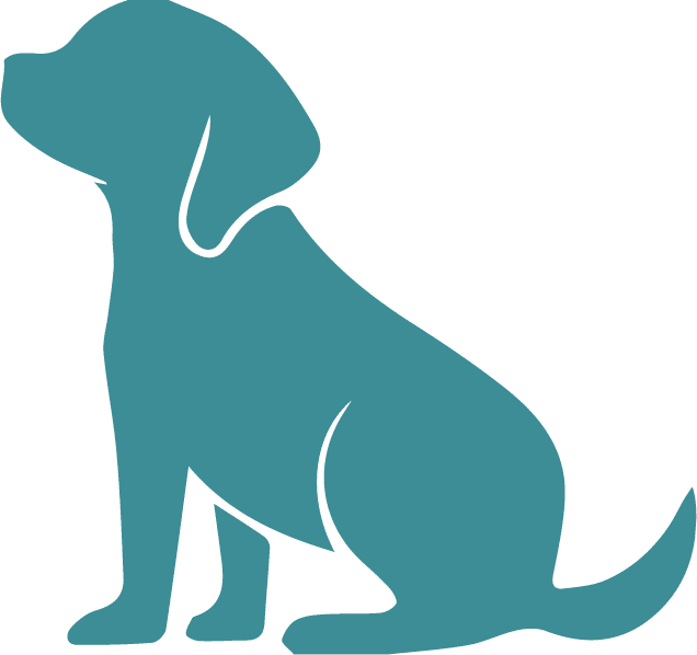 A teal silhouette of a dog sitting on its hind legs, facing left. The dog has floppy ears and a smooth, solid shape, with simple lines outlining its form. Perfect for any vet clinic's branding, the background of the image is transparent.