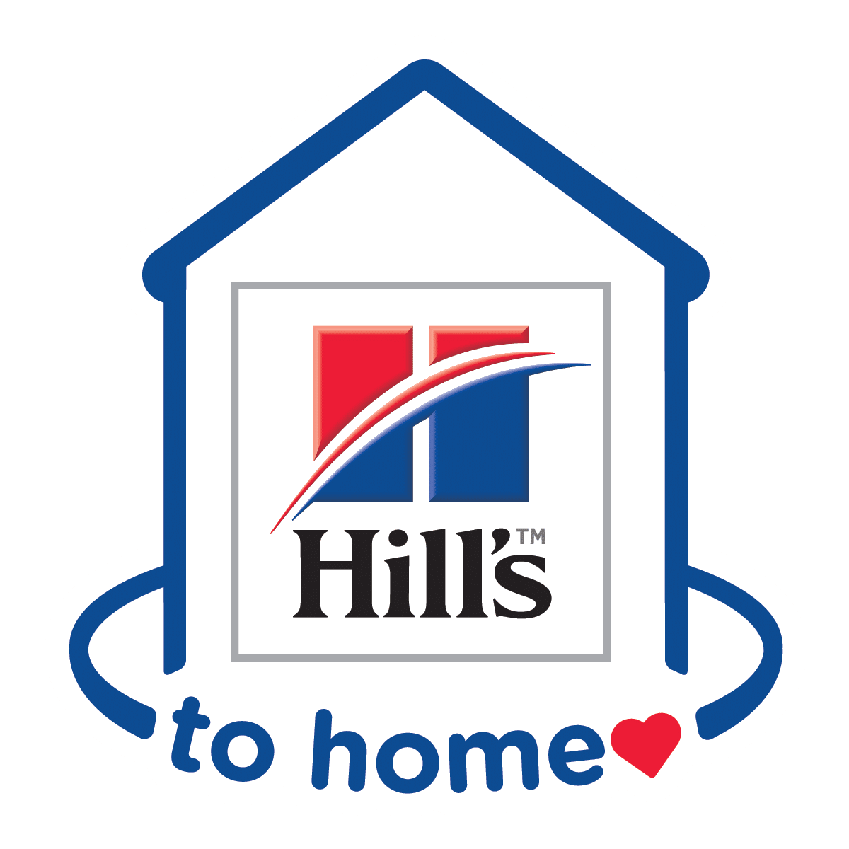 A logo featuring an outline of a house with a heart shape at the bottom. Inside the house outline is a square containing a red and blue graphic with white diagonal streaks, and the text "Hill's" below it. Beneath the house outline, the words "to home Vets" are written.