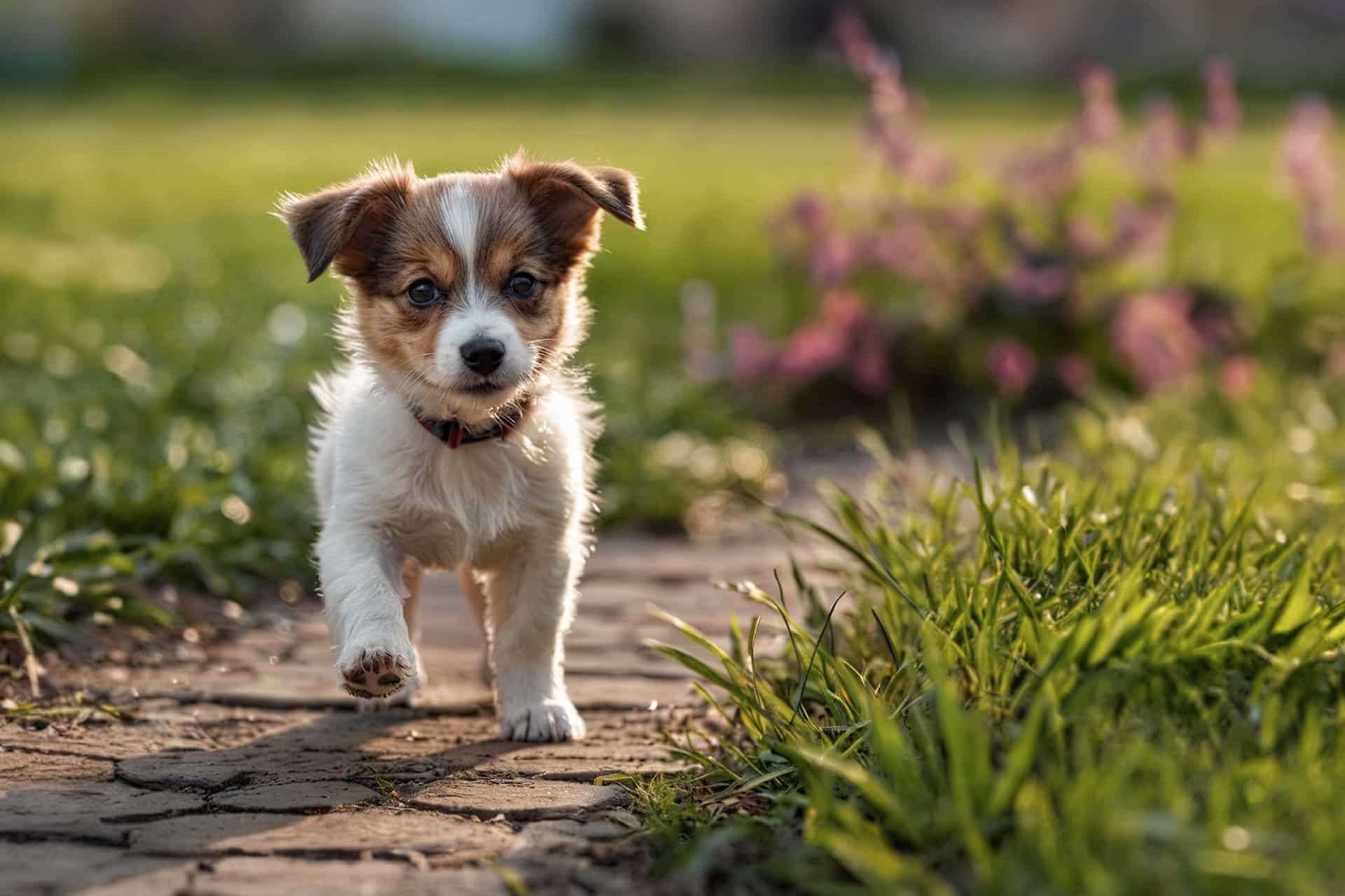 A small, fluffy puppy with a white and brown coat walks on a stone path. It has perked ears and a curious expression. The background features a garden with green grass and blurred pink flowers, bathed in warm sunlight, where it’s ready for its first visit to the vet.