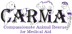 Logo for CARMA featuring illustrations of a dog, cat, rabbit, and bird around the letters. Below, the text reads: