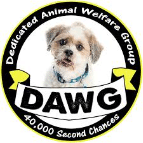 Logo of the Dedicated Animal Welfare Group (DAWG) featuring a cute dog with a blue collar. The text around the circle reads