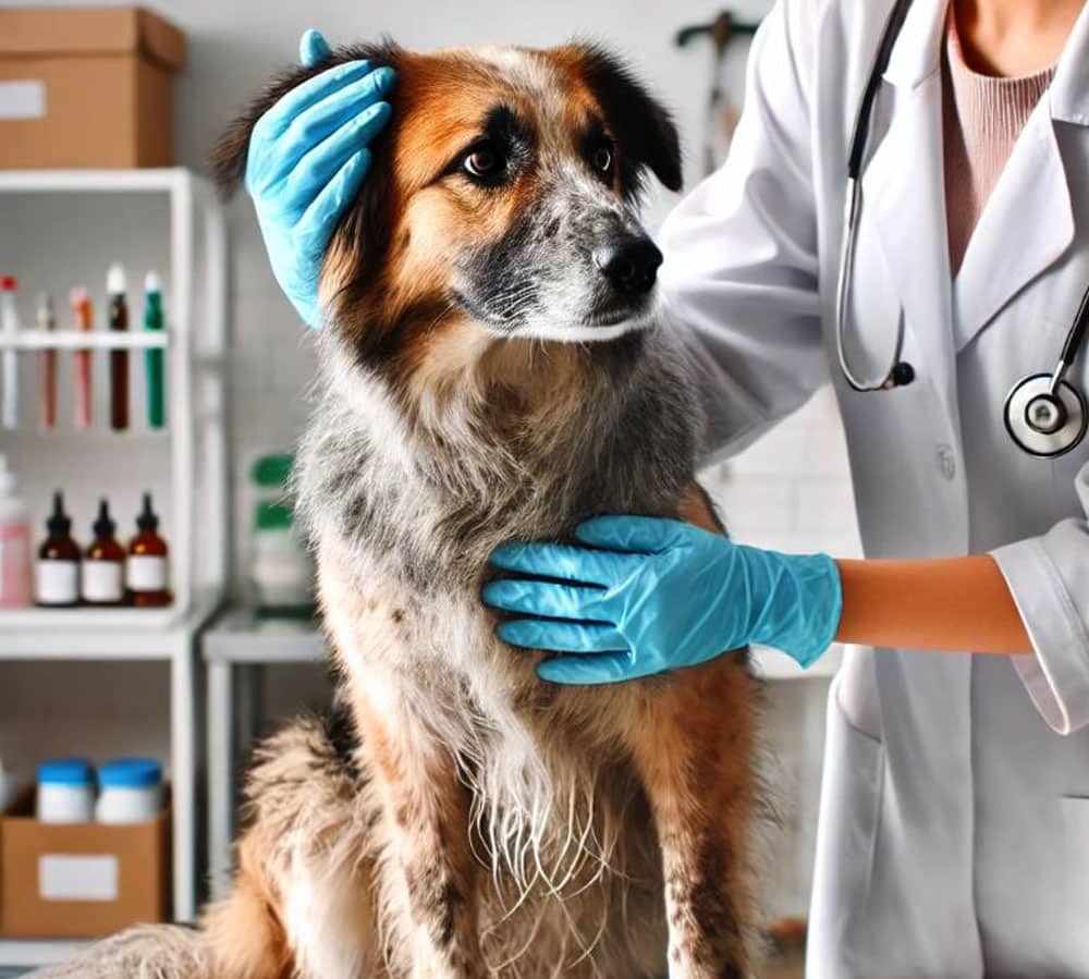 Dog with itchy skin receiving care at a veterinary clinic.