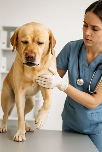 A veterinarian in blue scrubs and gloves examines a yellow Labrador Retriever's front leg on an examination table. The dog appears to be in discomfort with its eyes closed.