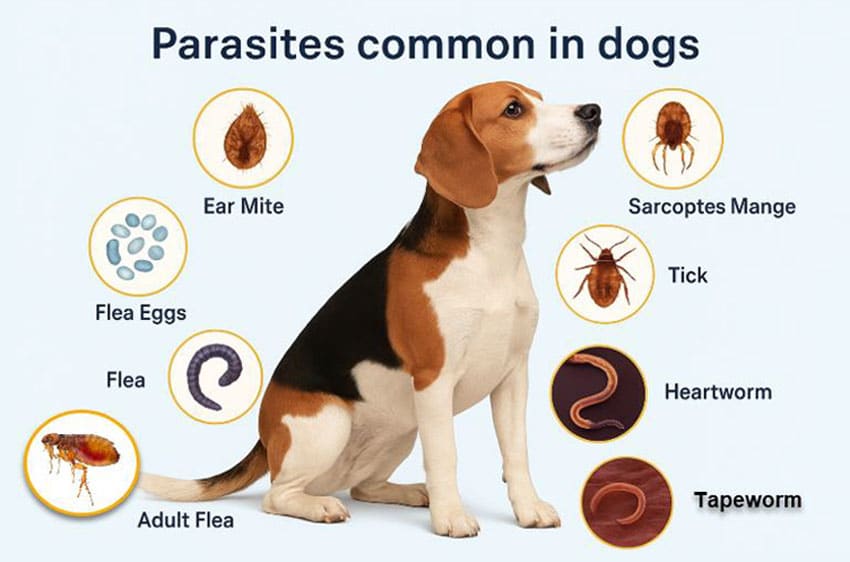 A diagram showing a dog surrounded by illustrations of common parasites in dogs: ear mite, flea eggs, flea, adult flea, sarcoptes mange, tick, heartworm, and tapeworm, each labeled with its name.