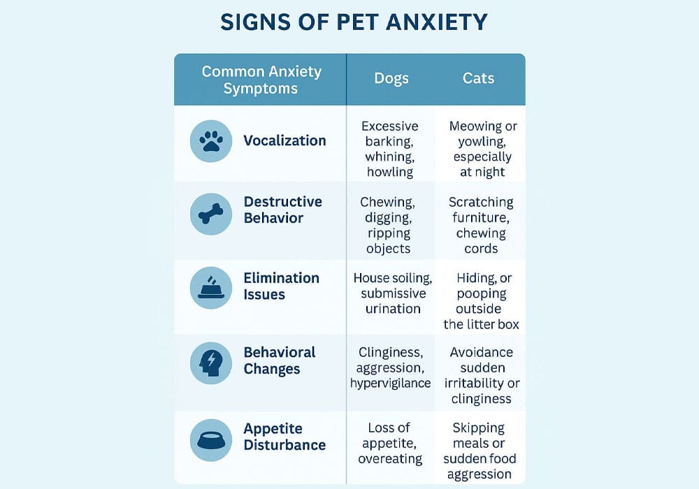 Infographic from Bliss Animal Hospital displaying six categories of anxiety symptoms in pets: vocalization, destructive behavior, elimination issues, physical signs, behavioral changes, and appetite disturbance. The chart compares symptoms between dogs and cats, with clear icons and a blue, pet-friendly design.
