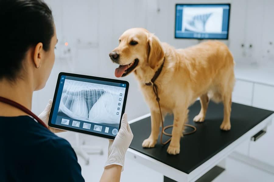 A veterinarian examines a chest X-ray of a dog displayed on a tablet, while the dog stands on an exam table in a brightly lit veterinary clinic. Another X-ray image is visible on a monitor in the background.