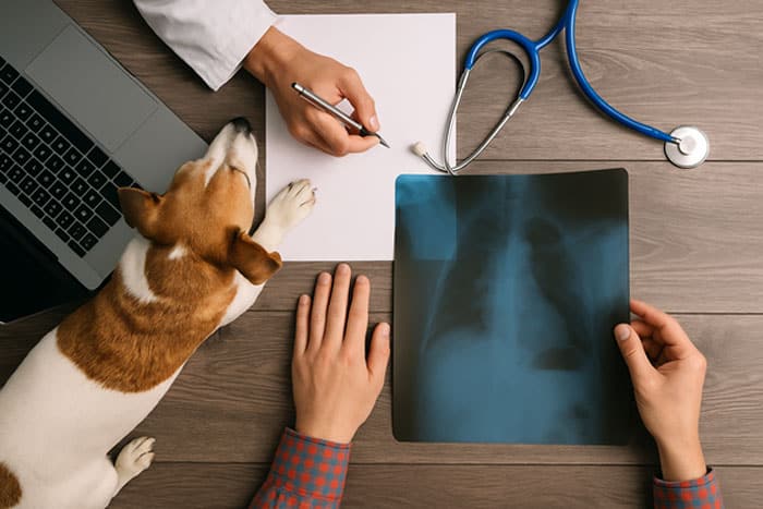 A small dog lies on a desk next to a laptop while a veterinarian writes on paper. Another person holds an X-ray image, and a stethoscope is nearby.