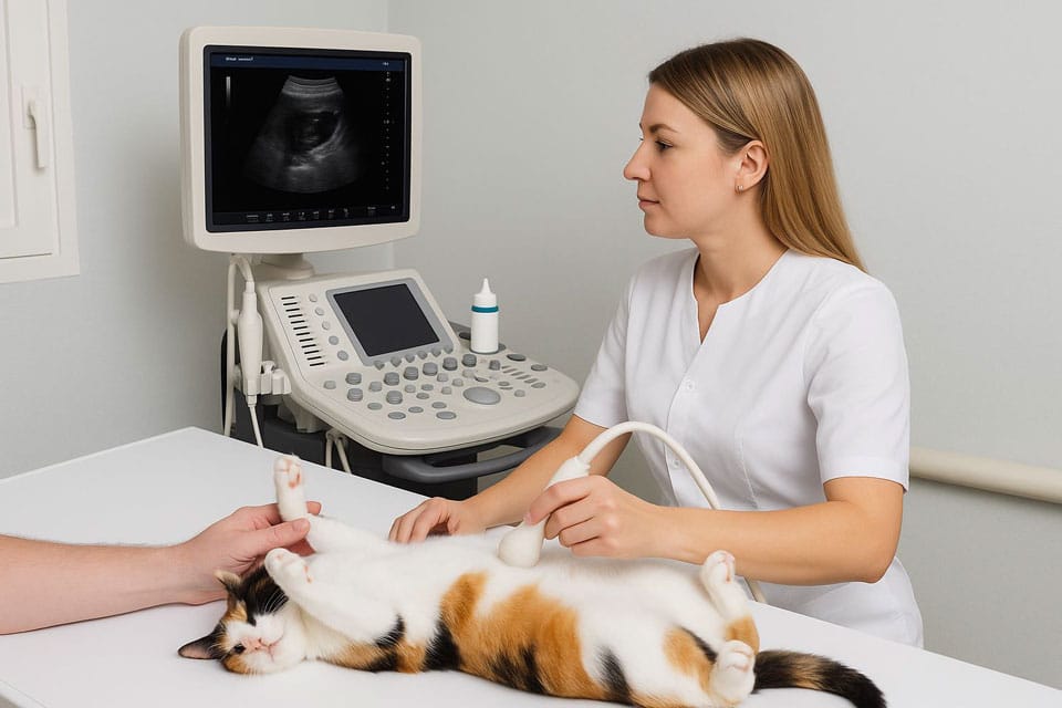 A veterinarian performs an ultrasound scan on a relaxed calico cat lying on its back on an examination table. An ultrasound machine displays the scan results in the background.