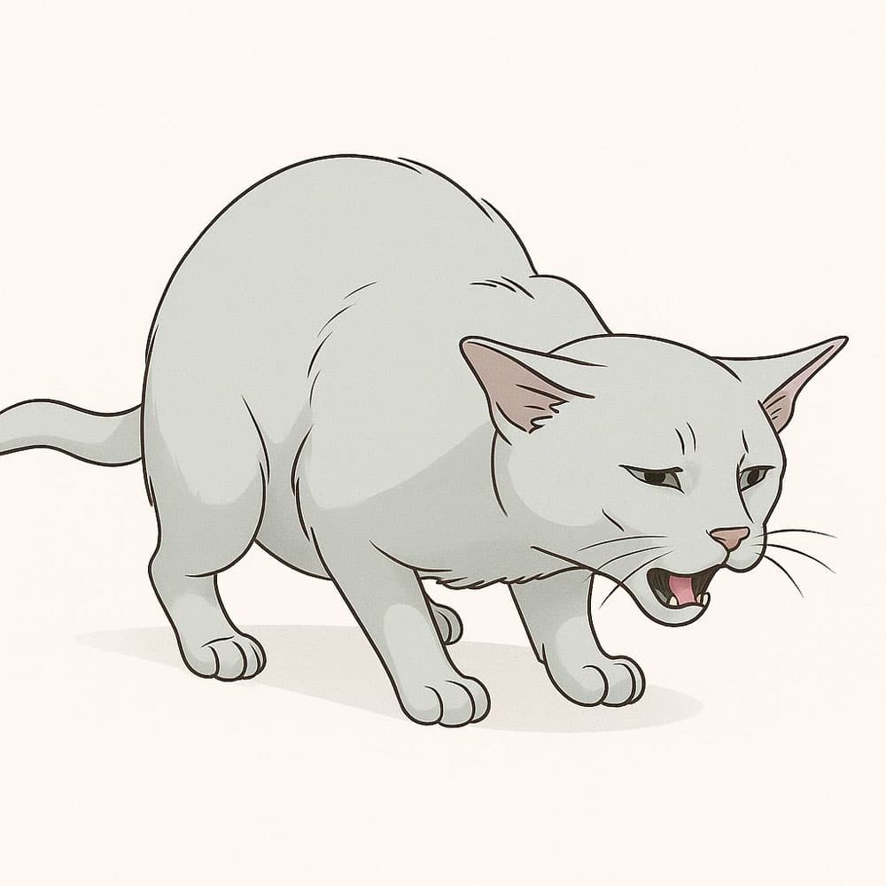 A light gray cat crouched low to the ground, mouth slightly open, showing signs of respiratory distress consistent with feline asthma.