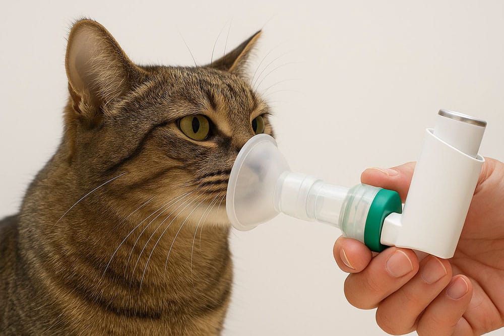 A tabby cat receiving an inhaled asthma treatment using an AeroKat chamber and inhaler held by a person.