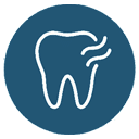 White outline of a tooth with wavy lines coming from it, suggesting pain or sensitivity, on a blue circular background.