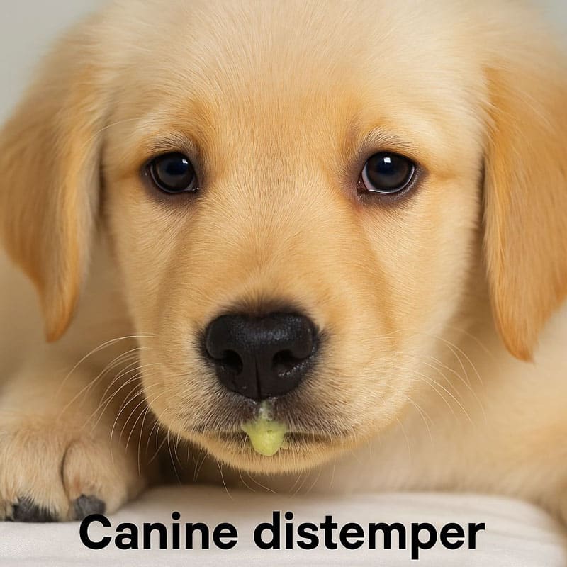 Close-up of a tired golden puppy with yellowish nasal discharge, illustrating a key symptom of canine distemper.