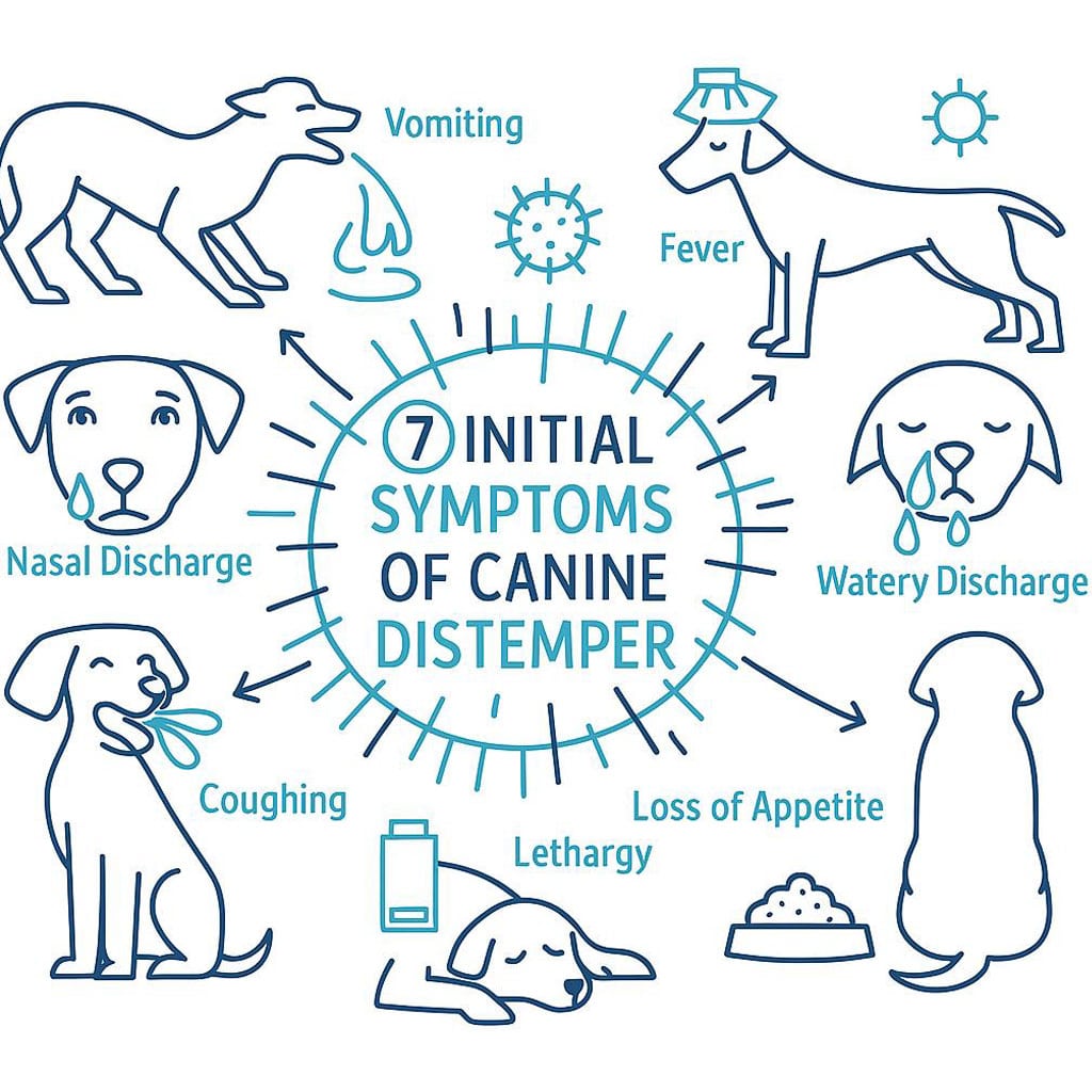 "Infographic showing the 7 initial symptoms of canine distemper in dogs: vomiting, fever, watery discharge from eyes and nose, nasal discharge, coughing, lethargy, and loss of appetite. Designed in blue-teal colors for Bliss Animal Hospital."