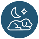 A white outline of a dog lying down beneath a crescent moon and star on a blue circular background.