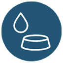 White outline of a water droplet and a bowl on a blue circular background, representing water or hydration.