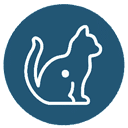 A simple white outline of a sitting cat inside a solid blue circular background. The cat is facing to the right, and there is a small white dot on its side.