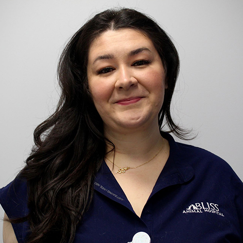 A woman with long dark hair, wearing a navy blue Bliss Animal Hospital shirt and a gold necklace, stands in front of a plain light gray background, smiling gently at the camera—perfect for anyone searching for a friendly vet near me.