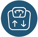 A white outline of a bathroom scale with up and down arrows on its surface, set against a blue circular background, representing weight gain and loss.
