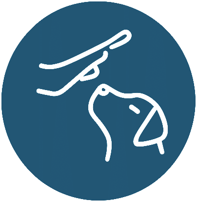 A simple white line drawing of a hand holding a treat above the nose of a dog, set against a blue circular background. The dog appears to be looking up at the treat.