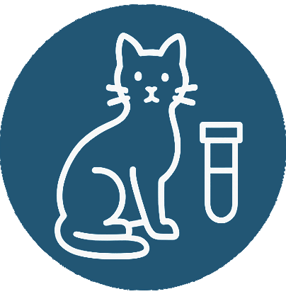 White outline drawing of a cat sitting next to a test tube, all set against a solid blue circular background.