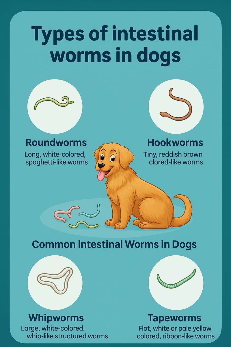 Infographic titled “Types of Intestinal Worms in Dogs” using teal and blue Bliss Animal Hospital colors. It features illustrations of roundworms, hookworms, whipworms, and tapeworms, along with descriptions and a friendly golden retriever in the center.