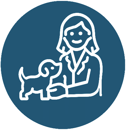 White outline icon of a smiling woman petting a small dog, both inside a blue circular background.